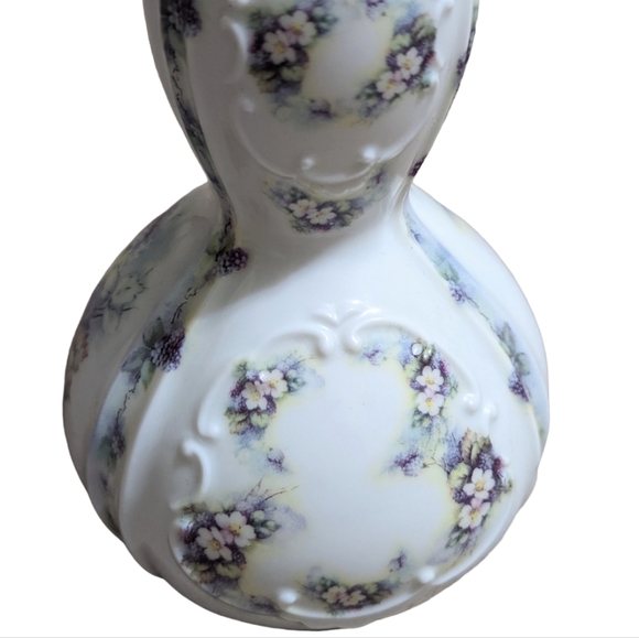 Vintage Omega Porcelain Double Gourd Vase Victorian Flowers Grapes Raised Design - Picture 3 of 11